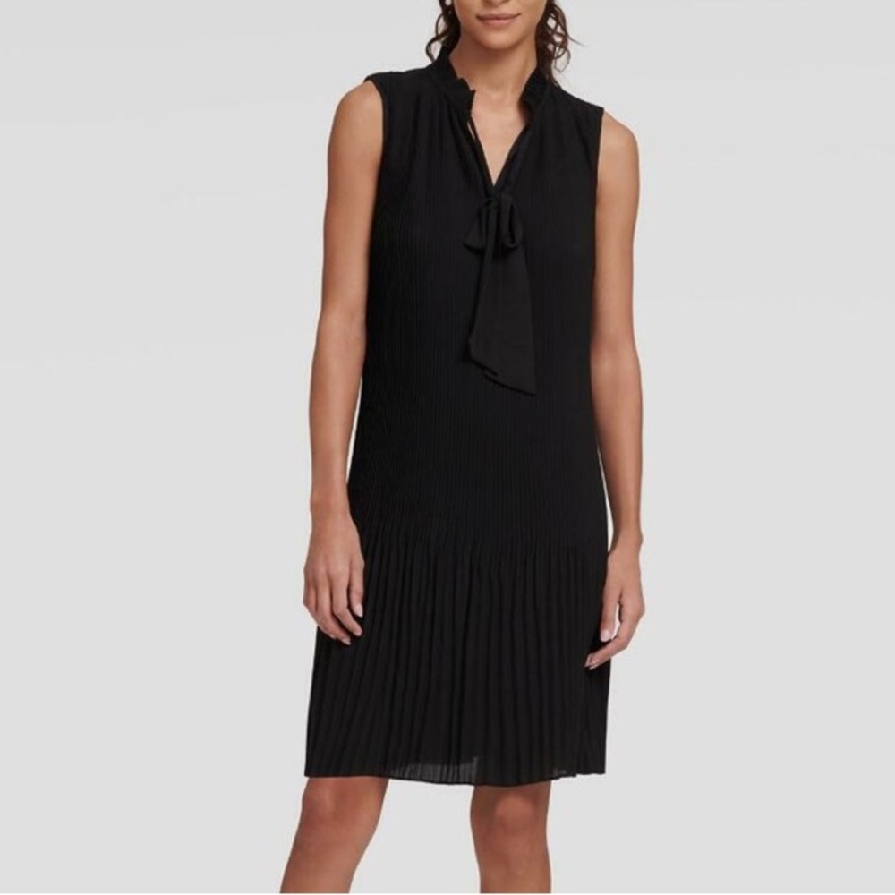 Dkny Black Sleeveless Tie-Neck Pleated Mini Dress